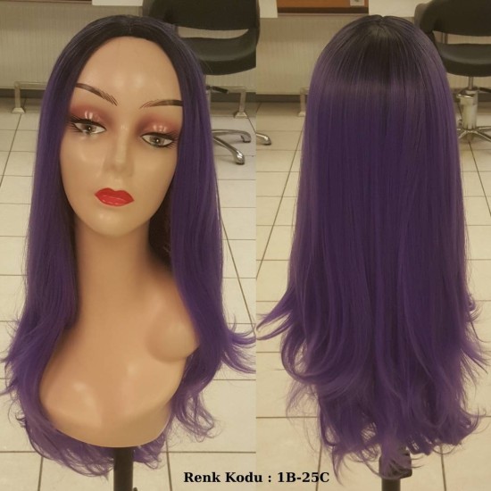 Ankara Renkli Fiber Sentetik Peruk Siyah Lila Ombre